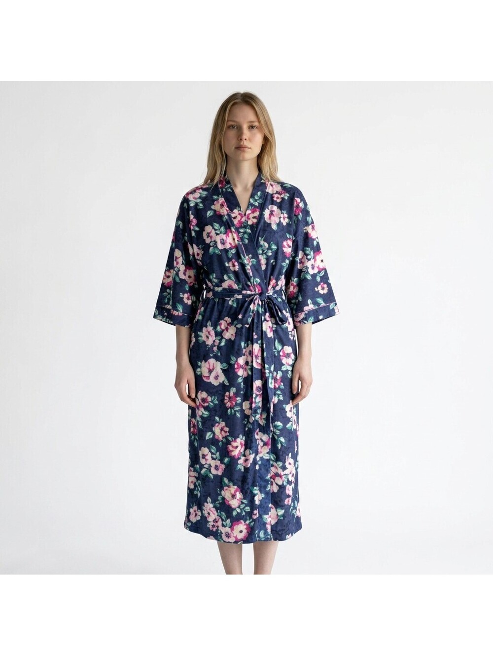 Erika Taylor Robe Women M Medium Blue Floral Short Sleeve Open Front Belted